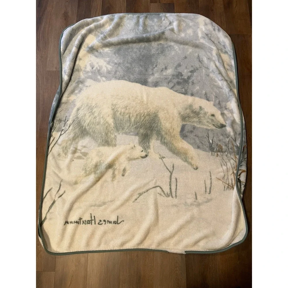 James Hautman Polar Bear Wildlife Fleece Throw Blanket‎ 60x50 Blue White Winter